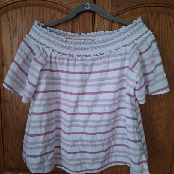 Lane Bryant Striped Smocked Off the Shoulder Top Size-10/12 - Picture 2 of 11